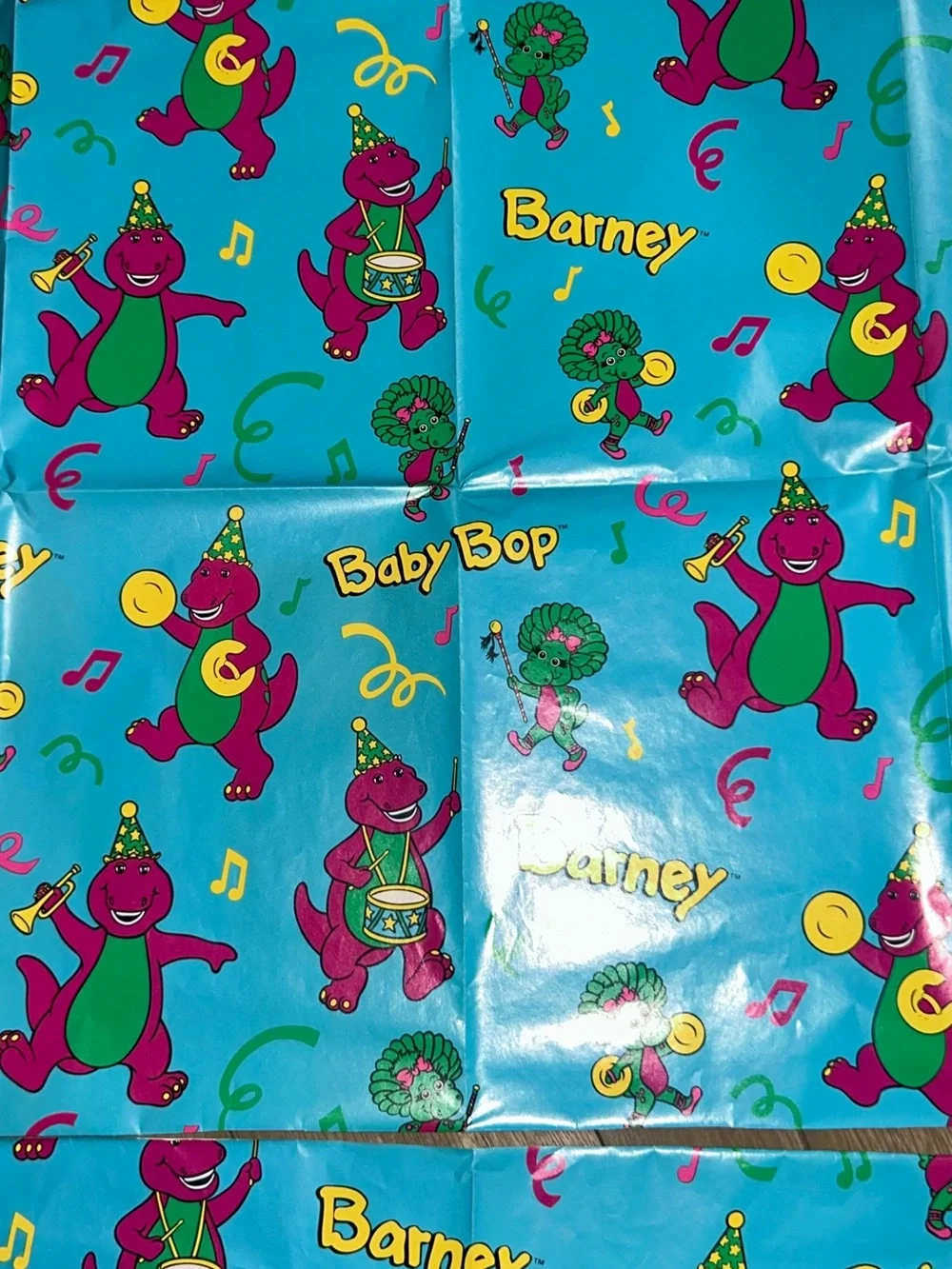 Barney & Baby Bop Birthday Wrapping Paper Sheet 30x30” Blue Character Print